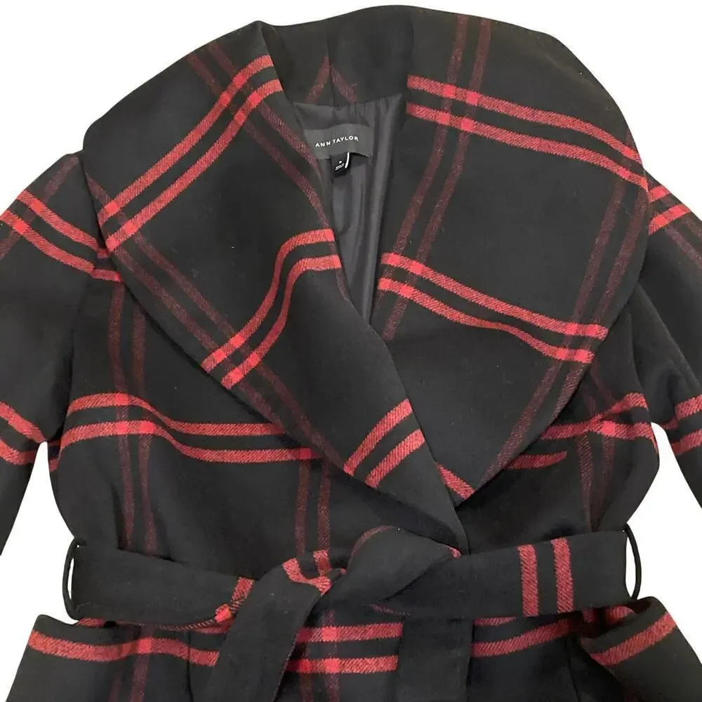 Ann Taylor Wool Blend Plaid Long Coat | Double Breasted Black Gray Red NWOT $300
